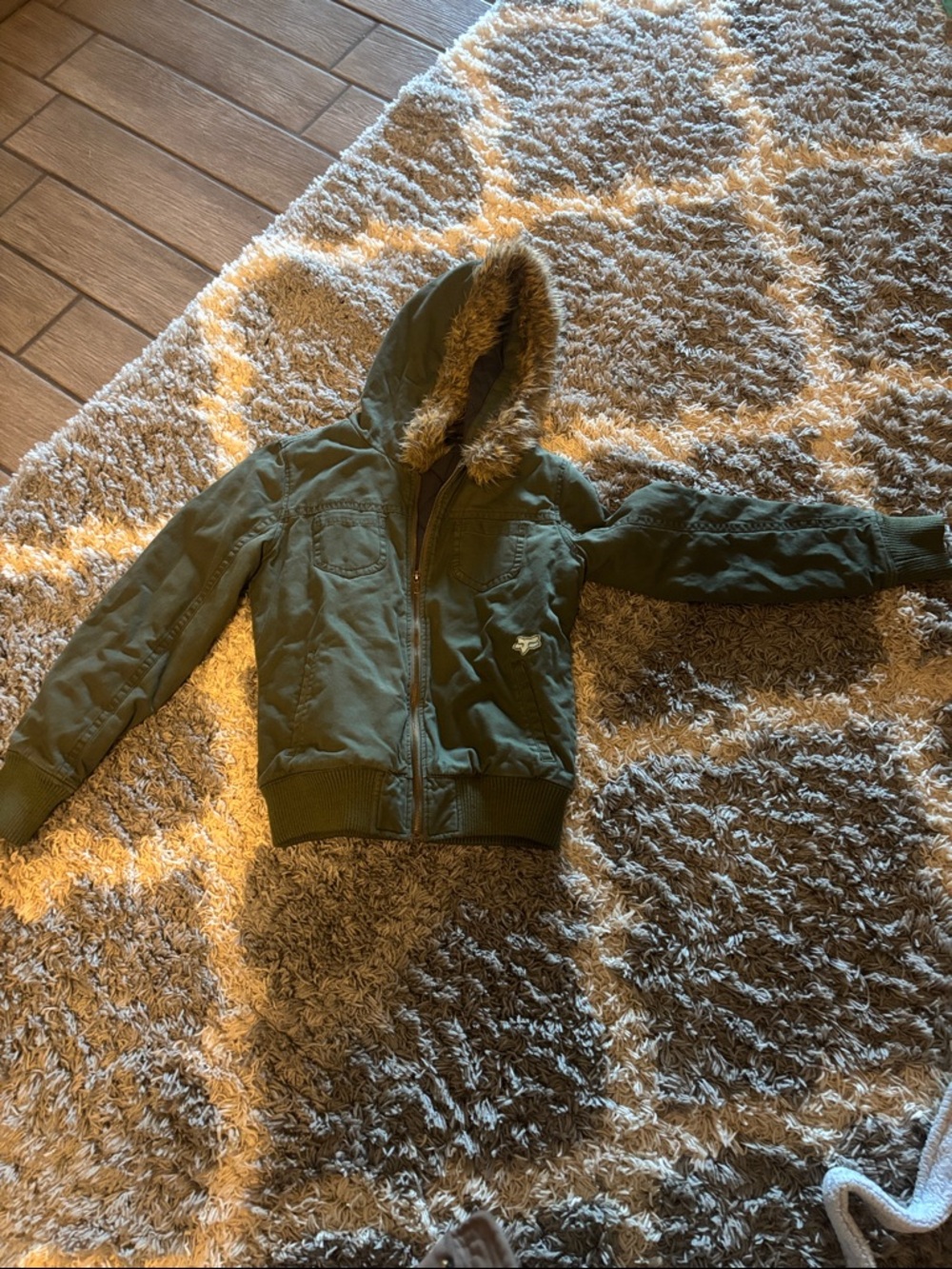 Olive Green Hooded Bomber Jacket with Faux Fur Trim